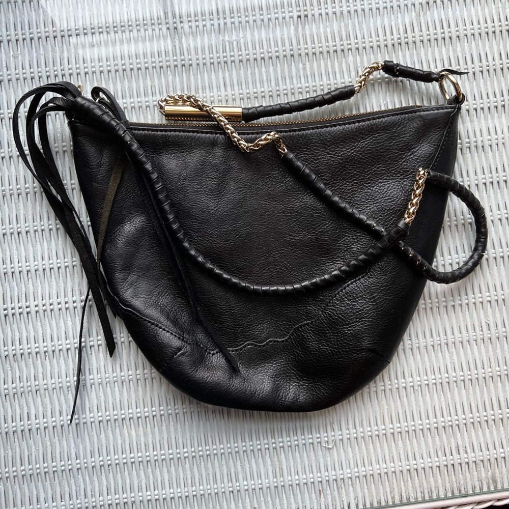 Foley & Corina black leather bag with leather wrapped gold chain strap